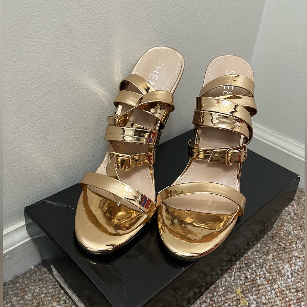 Gold Lace Up Heeled Sandal (SHEIN)